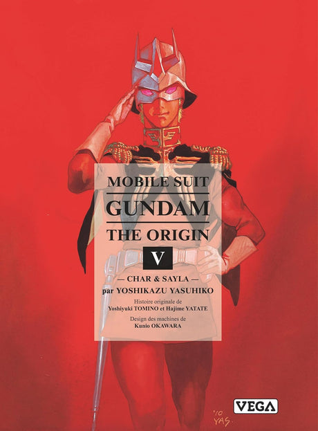 manga Mobile Suit Gundam The Origin Tome 5 montrant Char Aznable saluant sur fond rouge