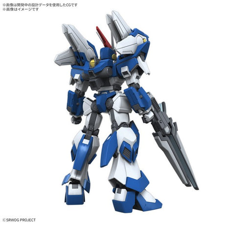 Maquette Gunpla HG 1/144 Ashsaviour bleue, blanche et grise avec épaules imposantes et grande arme sur fond blanc.