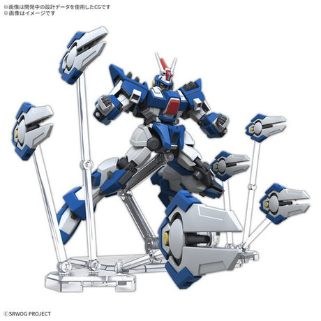 Maquette Gunpla HG 1/144 Ashsaviour bleue, blanche et grise avec épaules imposantes et grande arme sur fond blanc.