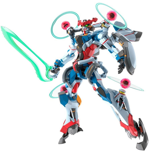 Maquette Gunpla HG 1/144 GQuuuuuuX Endymion Unit Awakened avec épée verte translucide, éléments orbitaux et armure colorée.
