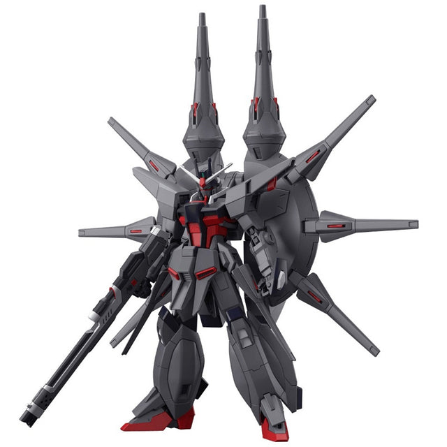 Maquette Gunpla HG 1/144 Legend Gundam gris sombre avec détails rouges, fusil et grands équipements dorsaux sur fond blanc.