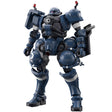 Maquette Gunpla HG 1/144 Police Zaku bleu foncé avec armure massive, marquages police et accessoires, sur fond blanc.