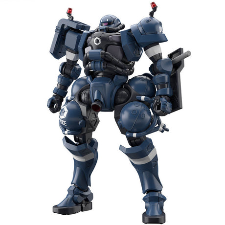 Maquette Gunpla HG 1/144 Police Zaku bleu foncé avec armure massive, marquages police et accessoires, sur fond blanc.