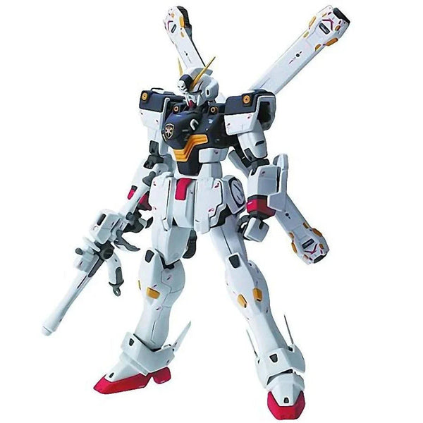 Maquette Gunpla MG 1/100 Crossbone Gundam X-1 Ver. Ka blanche et noire avec fusil et propulseurs en croix sur fond blanc.