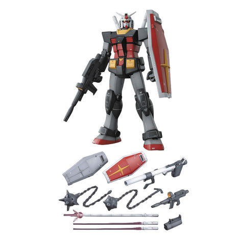 Maquette Gunpla MG 1/100 G-Armor Real Type Color Ver. avec RX-78-2 Gundam noir et rouge et véhicule G-Armor gris.