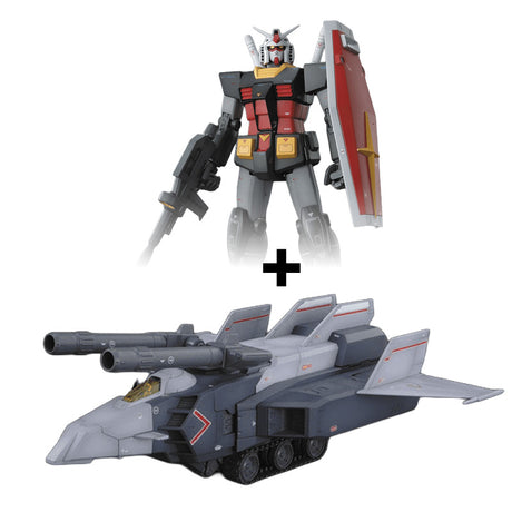 Maquette Gunpla MG 1/100 G-Armor Real Type Color Ver. avec RX-78-2 Gundam noir et rouge et véhicule G-Armor gris.