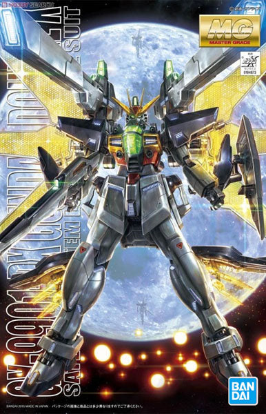 Maquette Gunpla MG 1/100 Gundam Double X blanche, noire et jaune avec grands canons dorsaux et panneaux réflecteurs dorés.
