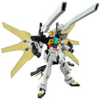 Maquette Gunpla MG 1/100 Gundam Double X blanche, noire et jaune avec grands canons dorsaux et panneaux réflecteurs dorés.