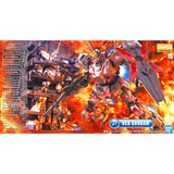 Maquette Gunpla MG 1/100 Unicorn Gundam Screen Image Special blanche et rouge en pose dynamique avec fusil et support d’exposition.