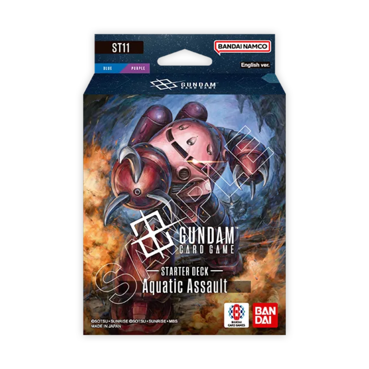 Starter Deck Gundam Card Game ST11 Aquatic Assault en version anglaise, deck Blue/Purple avec illustration d’un mobile suit aquatique en pleine attaque.