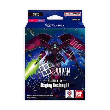 Starter Deck Gundam Card Game ST12 Raging Onslaught en version anglaise, deck Red/Purple avec illustration d’un mobile suit ailé armé d’un sabre laser dans l’espace.