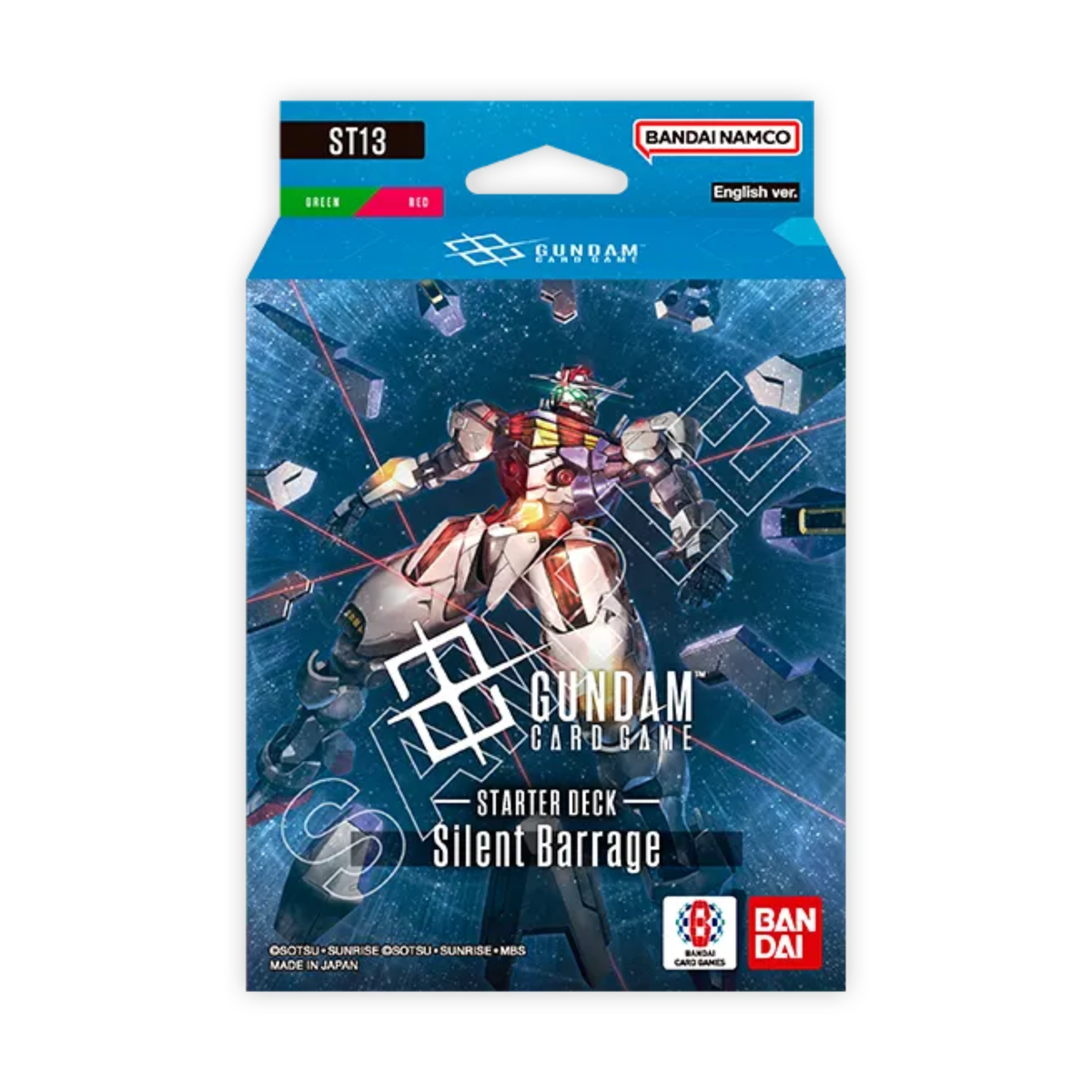 Starter Deck Gundam Card Game ST13 Silent Barrage en version anglaise, deck Green/Red avec illustration d’un Gundam dans l’espace au milieu d’un barrage de tirs.