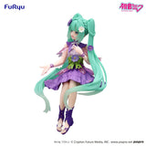 Figurine Hatsune Miku Flower Fairy Cosmos Purple assise avec robe violette et fleurs décoratives cheveux turquoise