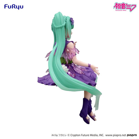 Figurine Hatsune Miku Flower Fairy Cosmos Purple assise avec robe violette et fleurs décoratives cheveux turquoise