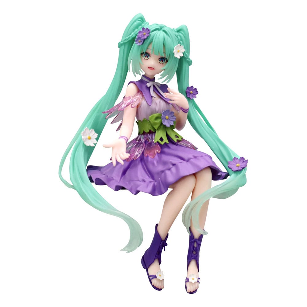 Figurine Hatsune Miku Flower Fairy Cosmos Purple assise avec robe violette et fleurs décoratives cheveux turquoise