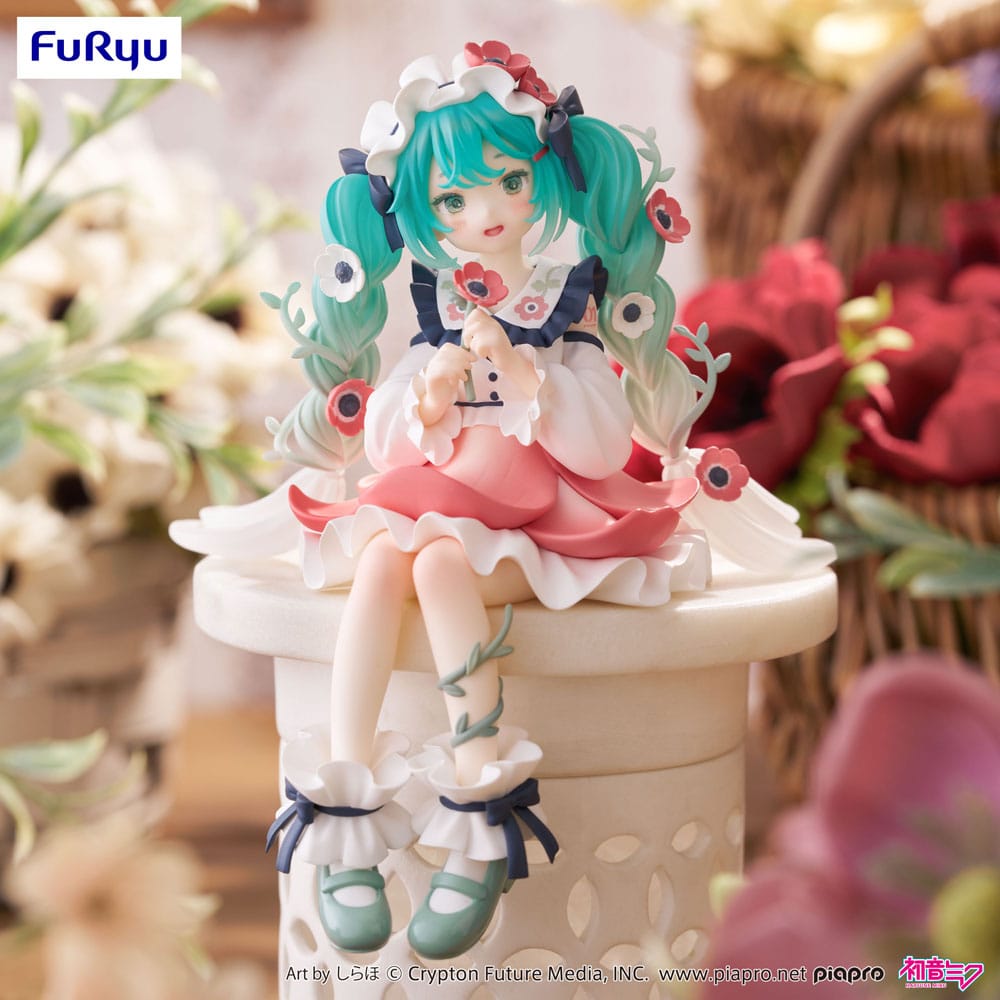 Figurine PVC Hatsune Miku Flower Fairy Anemone de 14 cm, version Noodle Stopper par FuRyu, représentant Miku assise dans une tenue florale pastel.