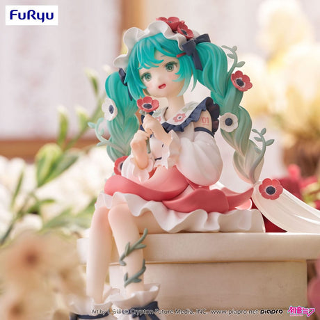 Figurine PVC Hatsune Miku Flower Fairy Anemone de 14 cm, version Noodle Stopper par FuRyu, représentant Miku assise dans une tenue florale pastel.