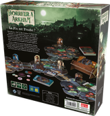 Boîte du jeu de société Horreur à Arkham V3 de Fantasy Flight Games, illustrant des investigateurs fuyant en voiture des créatures tentaculaires dans une ville sombre, sous une lumière verte surnaturelle.