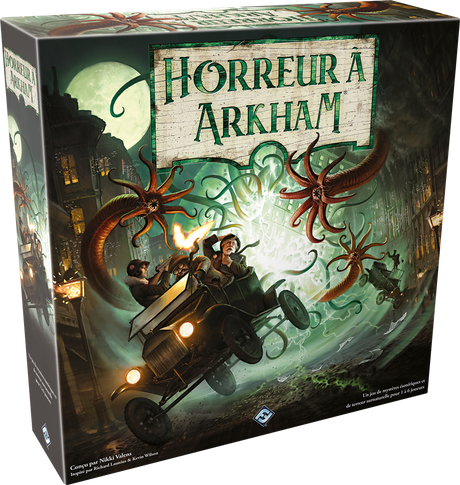 Boîte du jeu de société Horreur à Arkham V3 de Fantasy Flight Games, illustrant des investigateurs fuyant en voiture des créatures tentaculaires dans une ville sombre, sous une lumière verte surnaturelle.