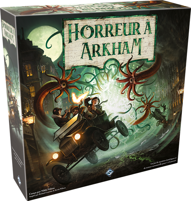 Boîte du jeu de société Horreur à Arkham V3 de Fantasy Flight Games, illustrant des investigateurs fuyant en voiture des créatures tentaculaires dans une ville sombre, sous une lumière verte surnaturelle.