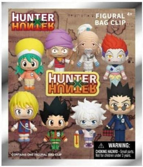 Hunter x Hunter Figural Bag Clip Series 1 avec plusieurs personnages chibi dont Gon, Killua, Kurapika, Leorio et Hisoka.