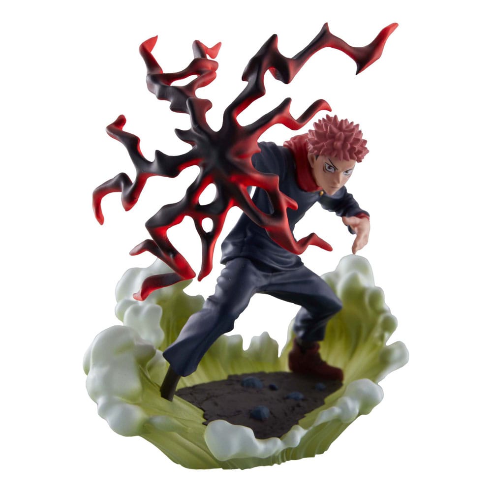 Boîtes aléatoires Jujutsu Kaisen Petitrama Series Vol.2 avec figurines de collection surprises représentant plusieurs personnages sur socles décoratifs.