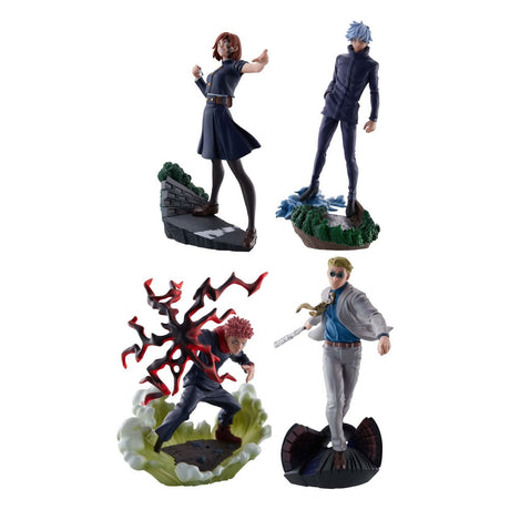 Boîtes aléatoires Jujutsu Kaisen Petitrama Series Vol.2 avec figurines de collection surprises représentant plusieurs personnages sur socles décoratifs.
