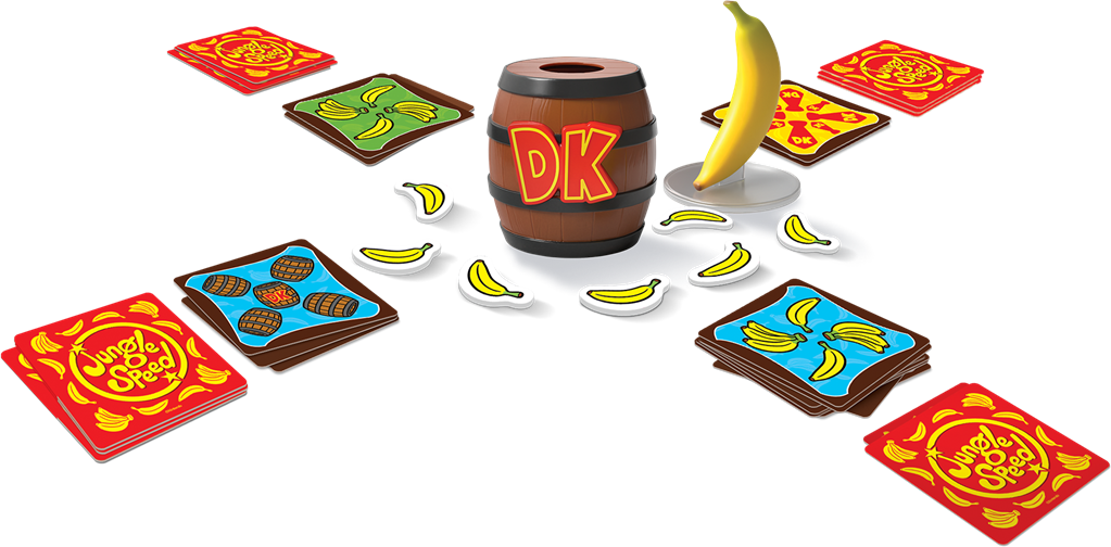 Boîte du jeu Jungle Speed Donkey Kong avec Donkey Kong, un totem banane et des cartes colorées sur fond de jungle.