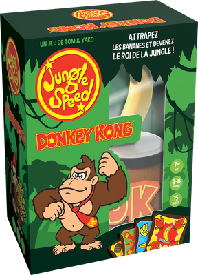 Boîte du jeu Jungle Speed Donkey Kong avec Donkey Kong, un totem banane et des cartes colorées sur fond de jungle.