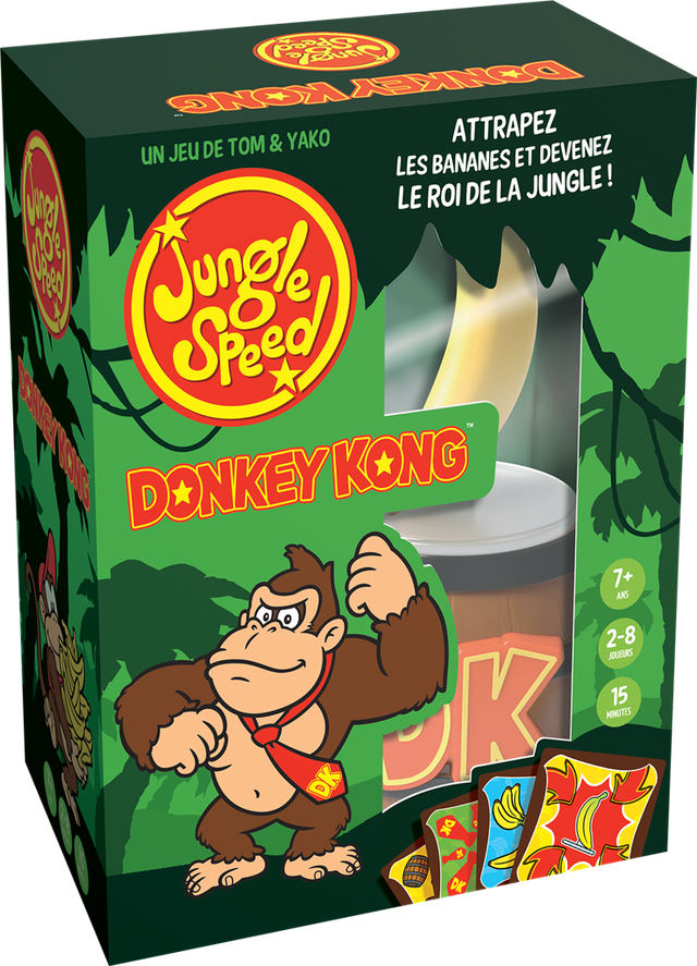 Boîte du jeu Jungle Speed Donkey Kong avec Donkey Kong, un totem banane et des cartes colorées sur fond de jungle.