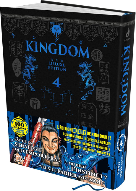 Kingdom Deluxe Edition Tome 4, montrant un personnage en armure bleue souriant, sur fond noir et bleu avec dragons et motifs chinois.