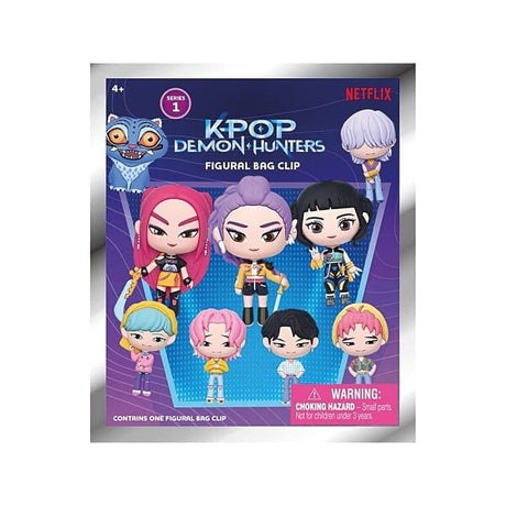 Visuel KPop Demon Hunters Figural Bag Clip Series 1 avec plusieurs personnages chibi colorés, vendu en sachet mystère avec un modèle aléatoire.