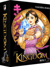 Coffret collector Kingdom Box 3 – tomes 21 à 30 avec illustration d’un personnage souriant faisant un signe de paix, série de Yasuhisa Hara.