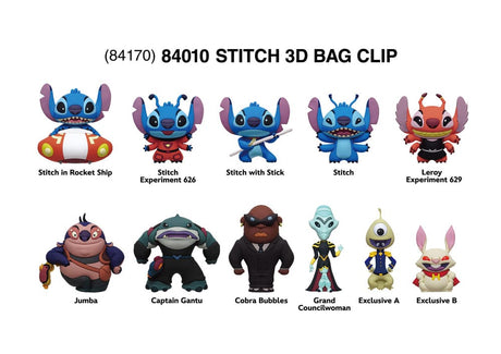Disney Stitch in Space Collectible Bag Clip avec plusieurs personnages chibi Stitch et aliens, vendu en sachet mystère.