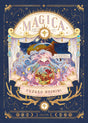 MAGICA – Le Nocturne des Étoiles Filantes (Édition Deluxe) : une magicienne aux cheveux étoilés tient un globe représentant un monde imaginaire, entourée de constellations dorées et de motifs célestes dans un cadre bleu nuit aux accents dorés.