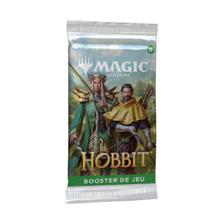 Booster de jeu Magic: The Gathering Le Hobbit en français contenant 14 cartes, avec illustration d’un ours humanoïde et d’un nain.