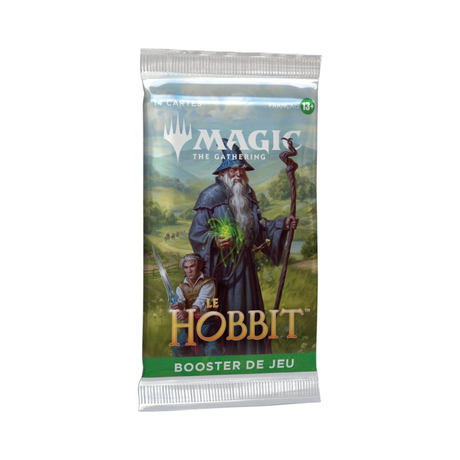 Booster de jeu Magic: The Gathering Le Hobbit en français contenant 14 cartes, avec illustration d’un ours humanoïde et d’un nain.
