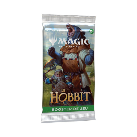 Booster de jeu Magic: The Gathering Le Hobbit en français contenant 14 cartes, avec illustration d’un ours humanoïde et d’un nain.