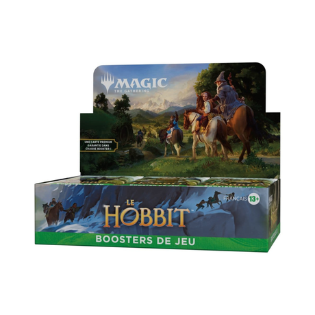 Display Magic: The Gathering Le Hobbit en français contenant 30 boosters de jeu, avec illustration de personnages à cheval dans la Terre du Milieu.