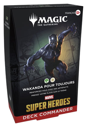 Boîte du Deck Commander Magic: The Gathering Marvel Super Heroes Wakanda pour Toujours en français avec Black Panther sur fond sombre.