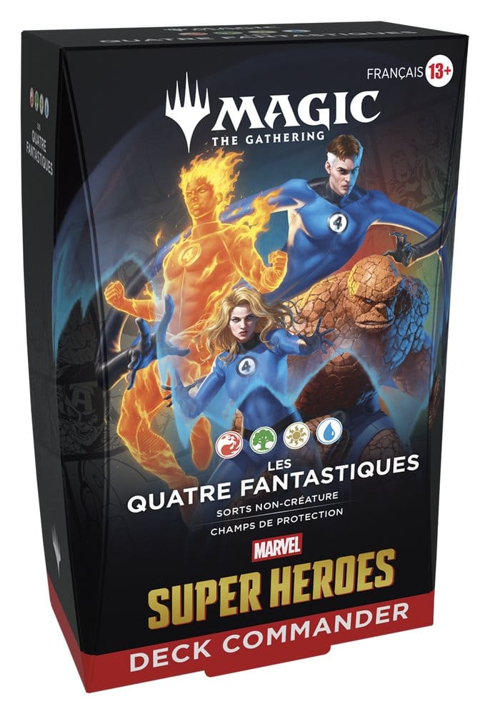 Boîte du Deck Commander Magic: The Gathering Marvel Super Heroes Les Quatre Fantastiques en français avec les quatre héros en costume bleu.