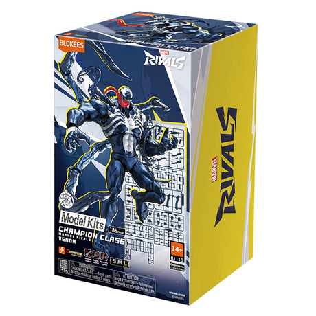 Boîte Marvel Rivals Blokees Champion Class Venom avec visuel du symbiote noir et blanc et tentacules, sur fond jaune et bleu.