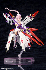 Plastic Model Kit Megami Device Asra Nine-Tails 1/1 de 14 cm, figurine mecha girl rose avec armure blanche, rouge et violette et grandes armes.