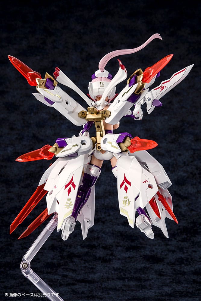 Plastic Model Kit Megami Device Asra Nine-Tails 1/1 de 14 cm, figurine mecha girl rose avec armure blanche, rouge et violette et grandes armes.