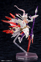 Plastic Model Kit Megami Device Asra Nine-Tails 1/1 de 14 cm, figurine mecha girl rose avec armure blanche, rouge et violette et grandes armes.