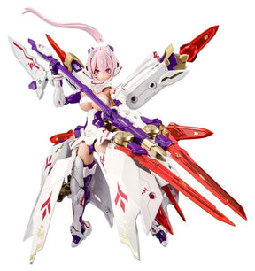 Plastic Model Kit Megami Device Asra Nine-Tails 1/1 de 14 cm, figurine mecha girl rose avec armure blanche, rouge et violette et grandes armes.