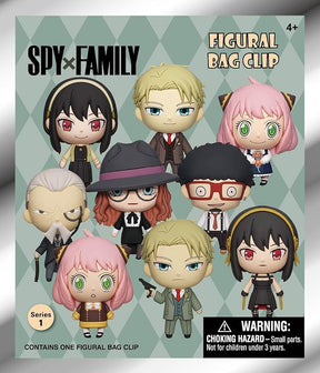 Visuel Spy x Family Figural Bag Clip Series 1 avec plusieurs personnages chibi dont Anya, Loid et Yor, vendus en sachet mystère.