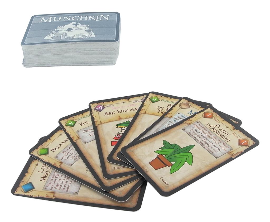 Boîte du jeu de cartes Munchkin de Steve Jackson, édité par Edge, avec illustration humoristique d'un petit aventurier portant un casque à cornes et tenant une épée-tronçonneuse, sur fond marron et noir.