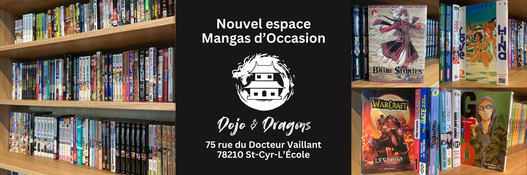 Image du nouvel espace mangas d’occasion chez Dojo & Dragons, avec des étagères remplies de mangas variés. Le texte met en avant la localisation de la boutique à St-Cyr-l’École et invite les visiteurs à découvrir cette nouvelle section.