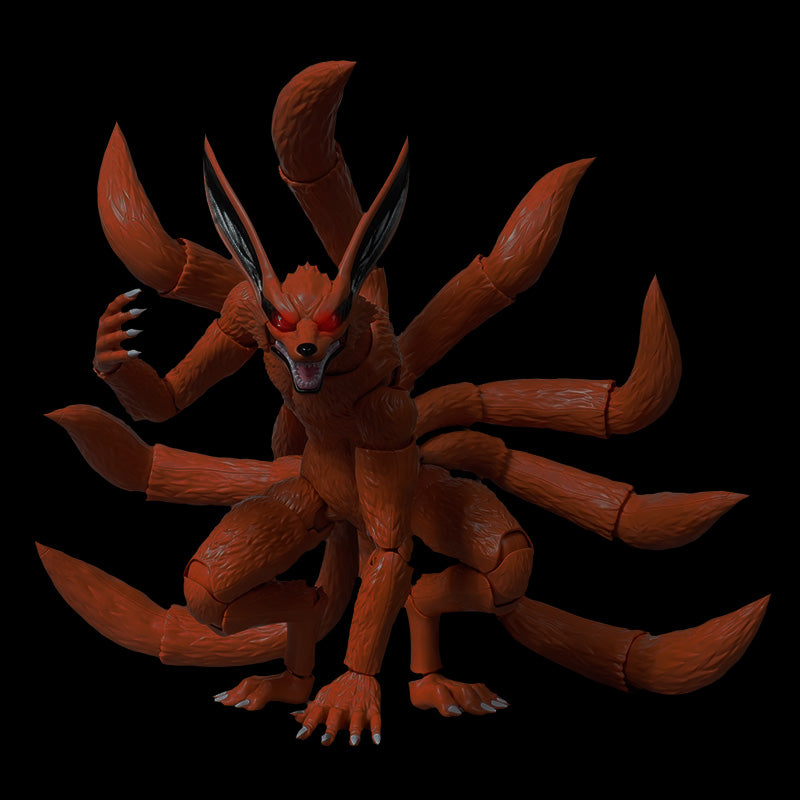 Figurines Naruto Shippuden Blokees Legend Edition 01 Kurama Nine Tails, représentant Kurama orange à neuf queues avec griffes, crocs et articulations visibles, accompagné de Naruto Uzumaki en tenue orange et noire.